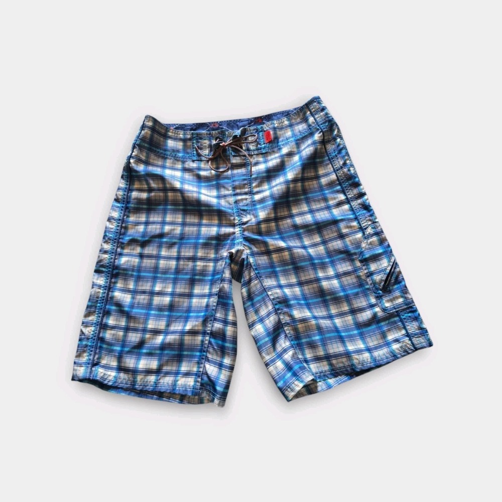 The North Face Blue Plaid Board Shorts Swim Trunks Mens Size 32 Shoe Lace Tie